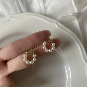 Delicate Rose Pearl Ring Earrings