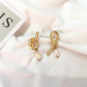 Gold Knot Pearl Earrings
