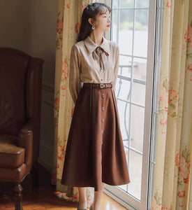 Retro Style A-Line Pleated Skirt With Belt