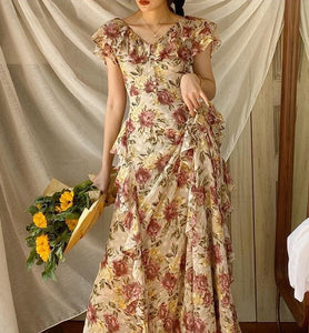 French Floral Floor Length Dress