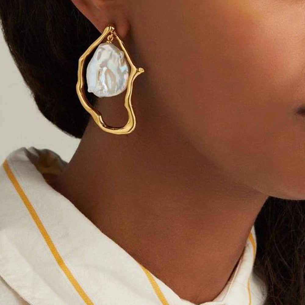 Irregular Geometric Gold Pearl Earrings