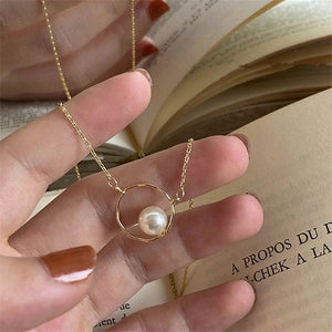 Delicate Gold Ring Pearl Necklace