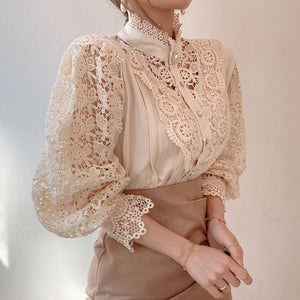 Floral Lace Stand Collar Blouse